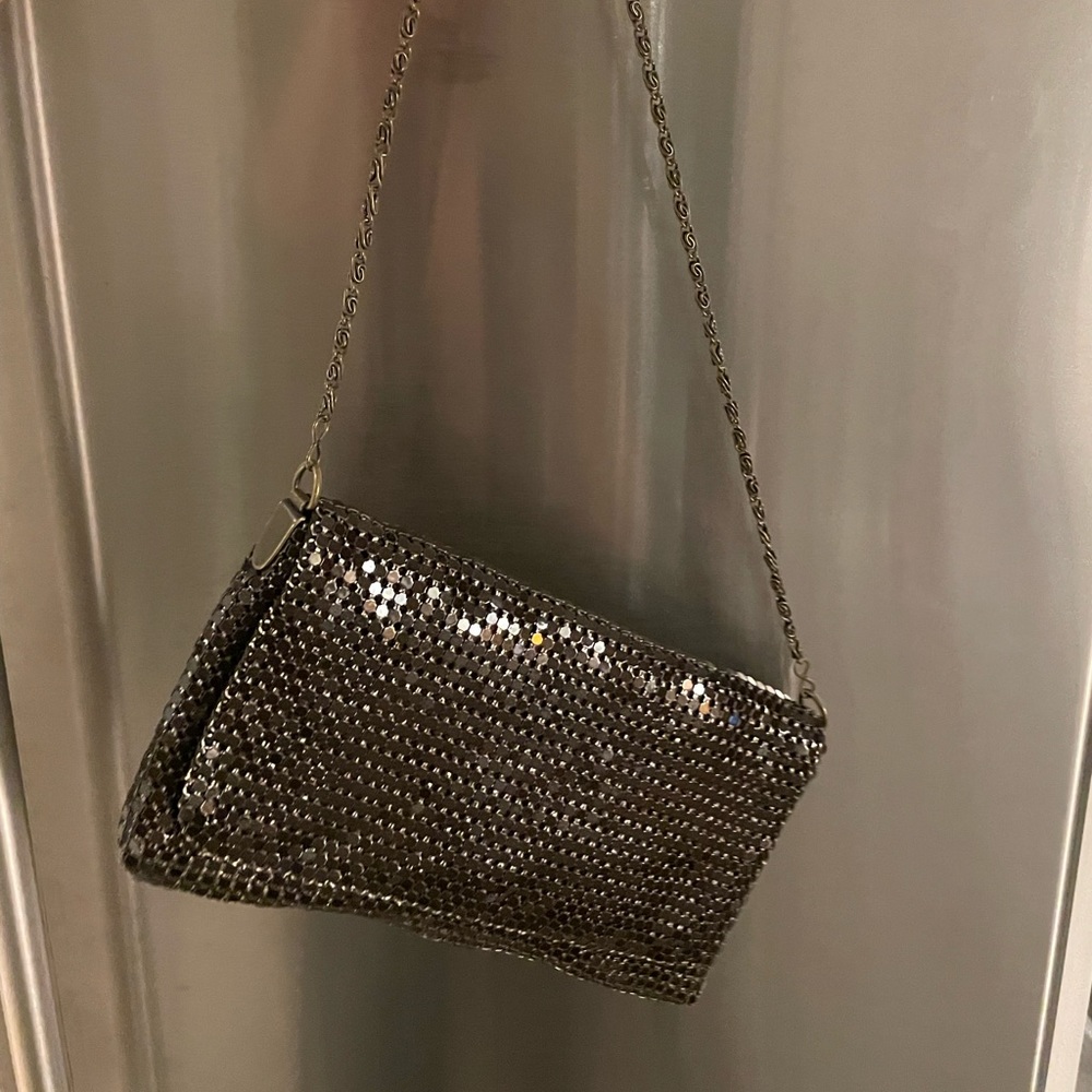 LOFT dark brown chain link sequin clutch bag w/strap